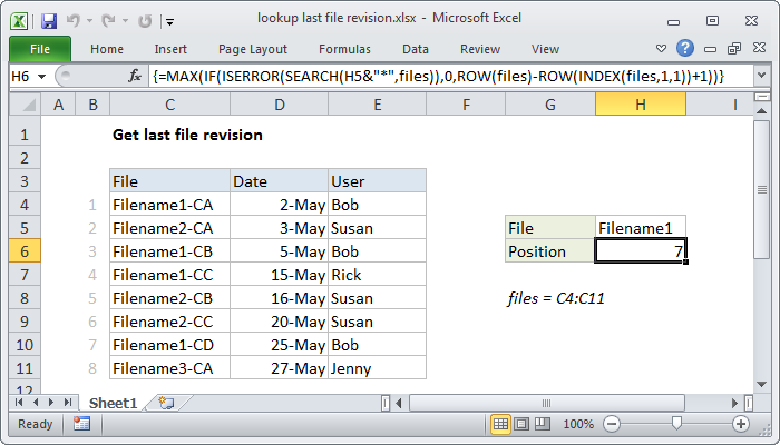 Excel formula: Lookup last file revision