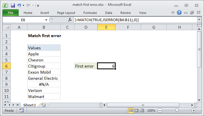 Excel formula: Match first error