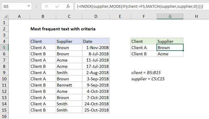 Excel formula: Most frequent text with criteria