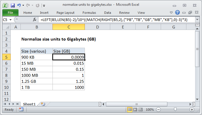 Excel formula: Normalize size units to Gigabytes