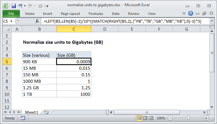 Excel Formula Normalize Size Units To Gigabytes Exceljet