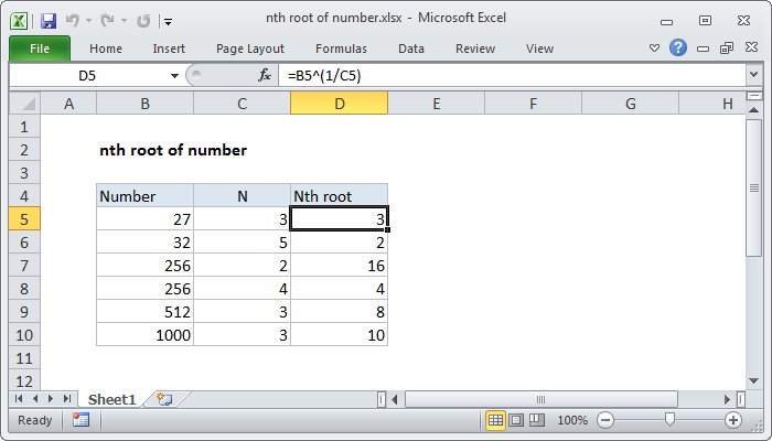 Excel formula: nth root of number