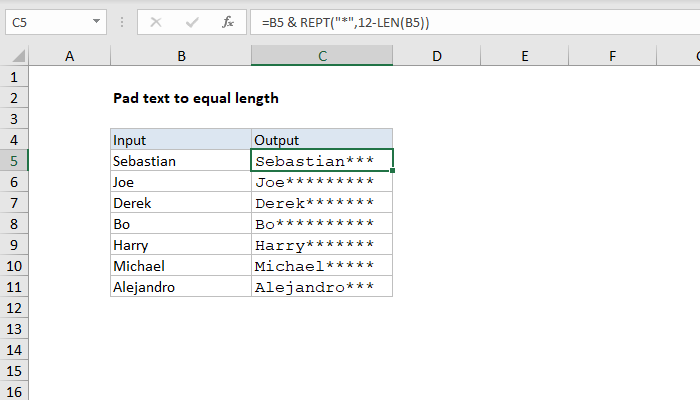 Excel formula: Pad text to equal length