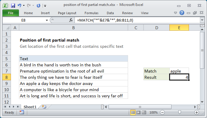 Excel formula: Position of first partial match Excel formula: Position of first partial match