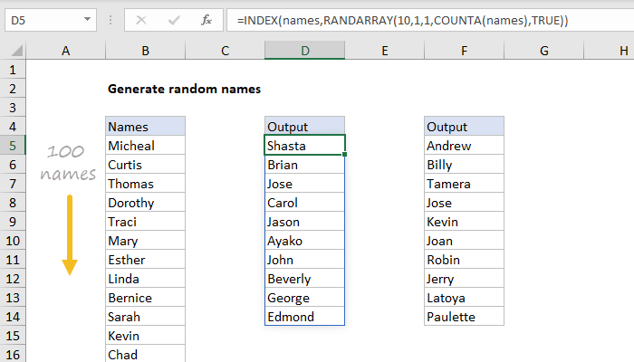 Excel formula: Random list of names