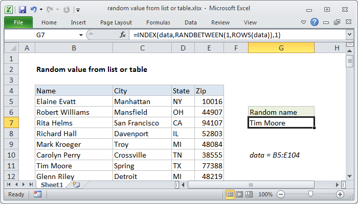 Excel formula: Random value from list or table