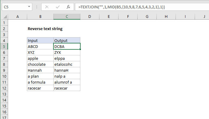Excel formula: Reverse text string