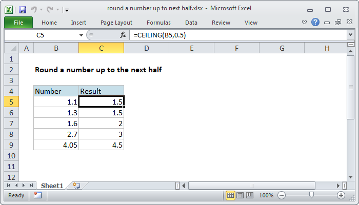 Excel formula: Round a number up to next half