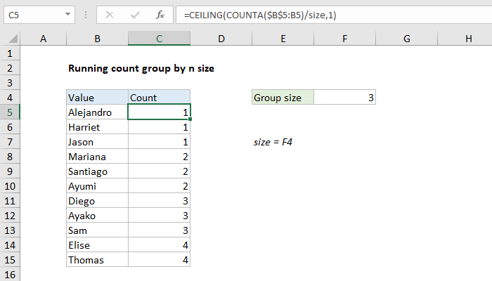 Excel formula: Running count group by n size Excel formula: Running count group by n size