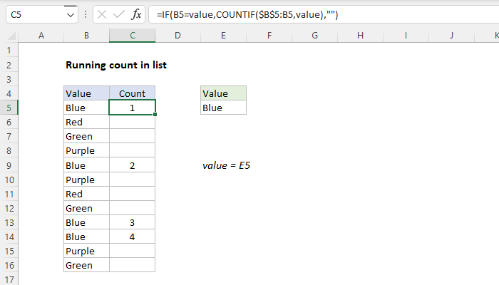 Excel formula: Running count of occurrence in list