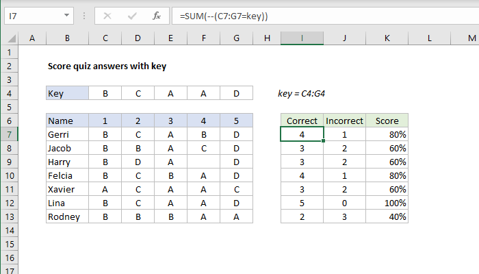 Excel formula: Score quiz answers with key Excel formula: Score quiz answers with key