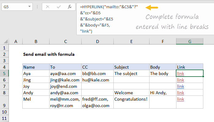 Excel formula: Send email with formula