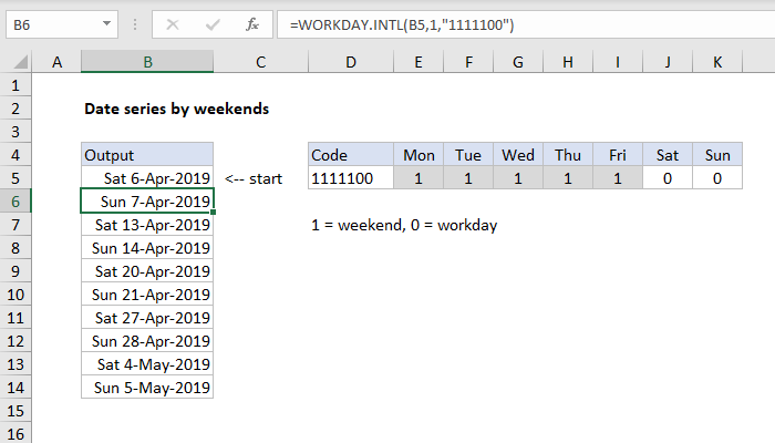 Excel formula: Series of dates by weekends