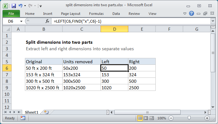 Excel formula: Split dimensions into two parts Excel formula: Split dimensions into two parts