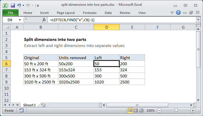 Excel formula: Split dimensions into two parts