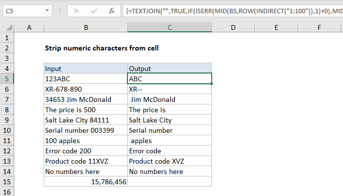 Excel formula: Strip numeric characters from cell