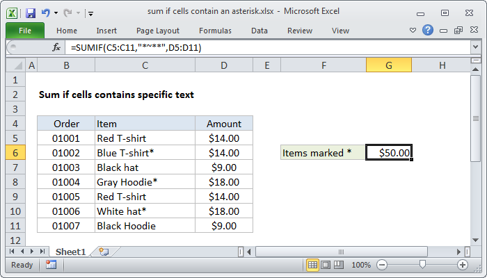 Excel formula: Sum if cells contain an asterisk