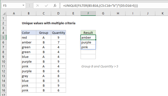 Excel formula: Unique values with multiple criteria