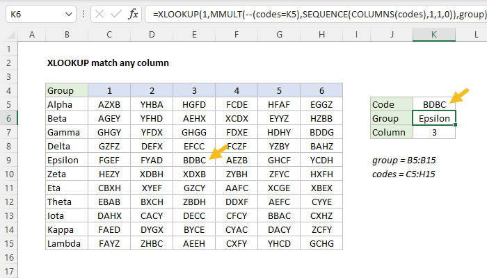 Excel formula: XLOOKUP match any column
