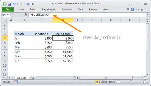 Example of expanding reference in Excel
