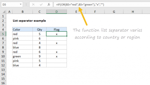 Excel function list separator varies by region