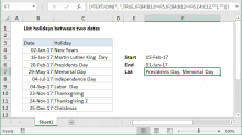 Excel formula: List holidays between two dates