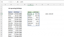 Excel formula: List upcoming birthdays