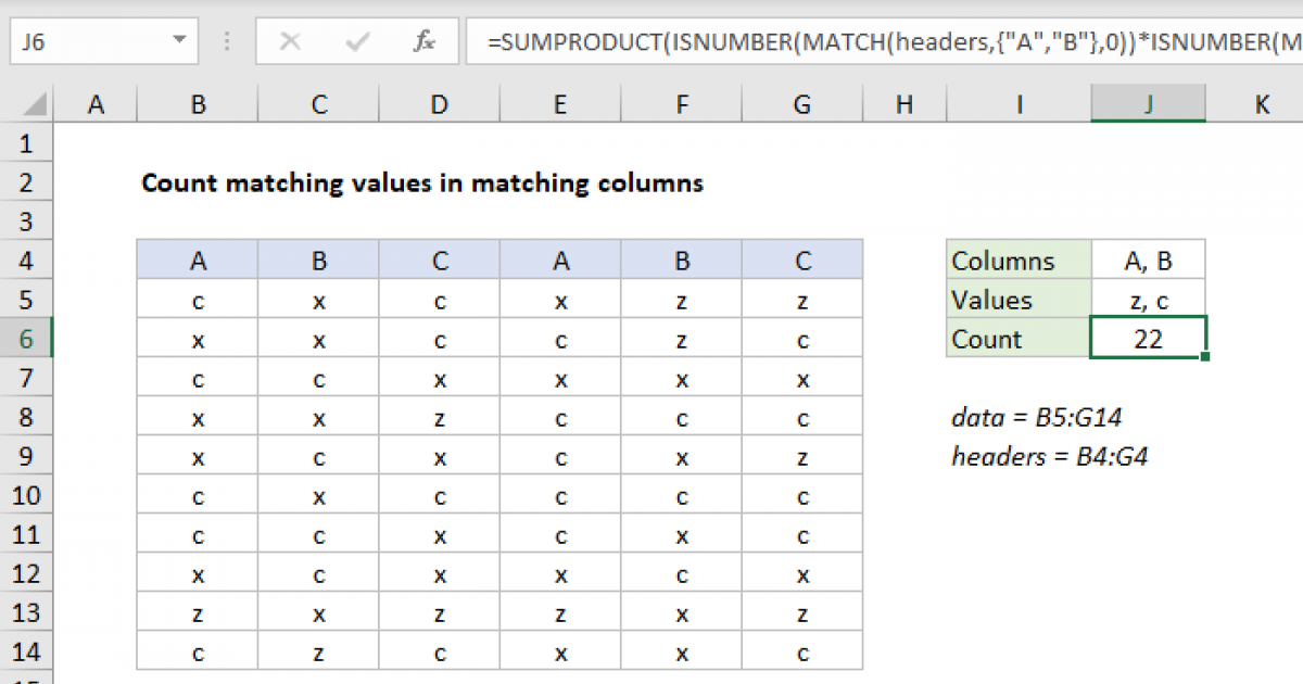 Count matching values in matching columns - Excel formula | Exceljet