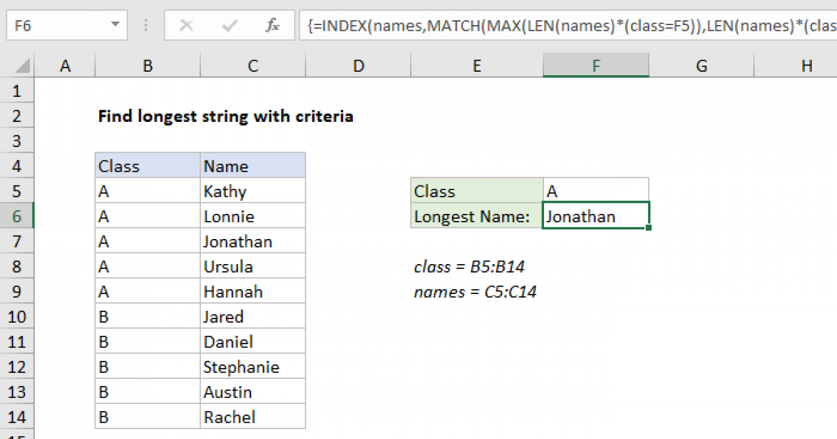 Find longest string with criteria - Excel formula | Exceljet