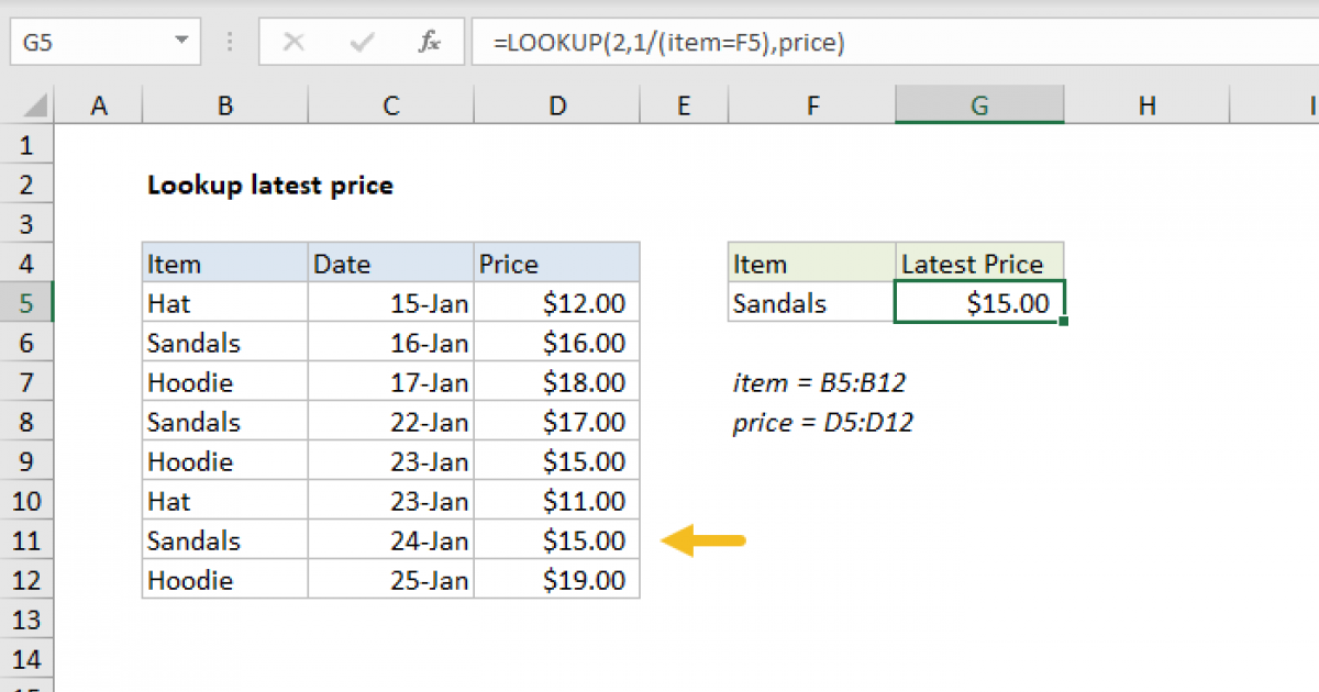 Lookup latest price - Excel formula | Exceljet