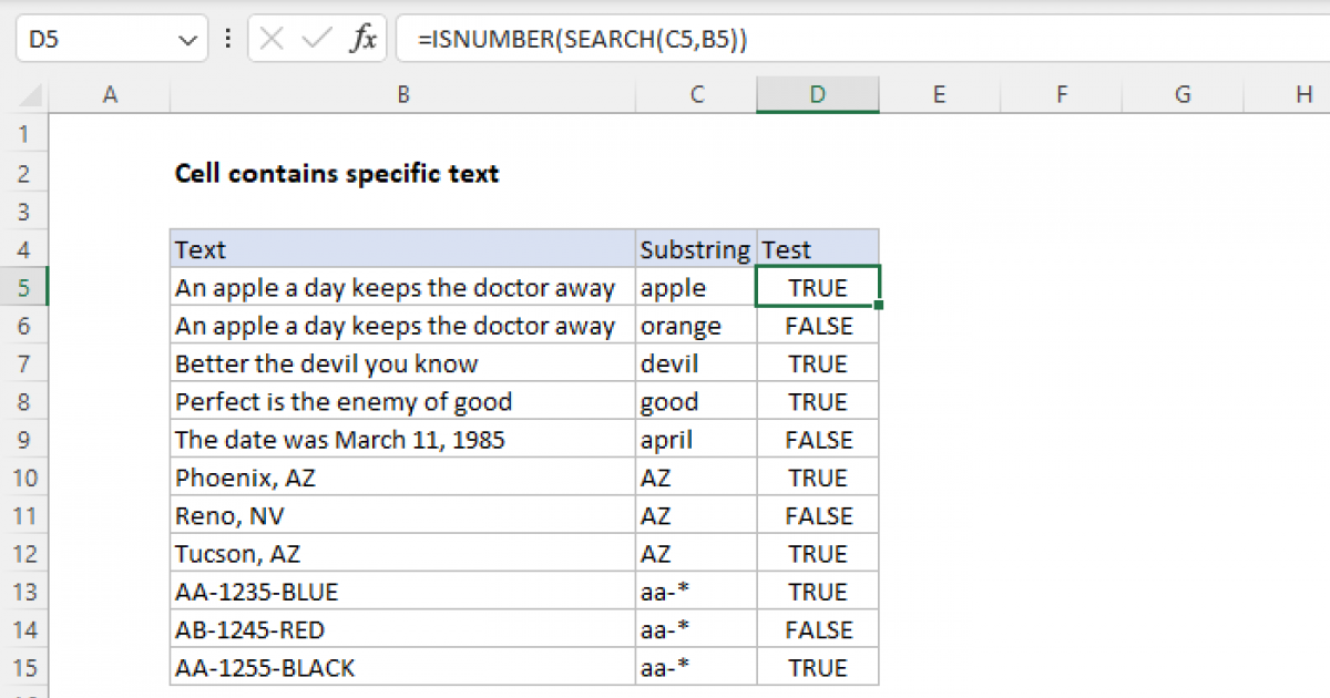 Excel Search Part Of Text In Cell Formula