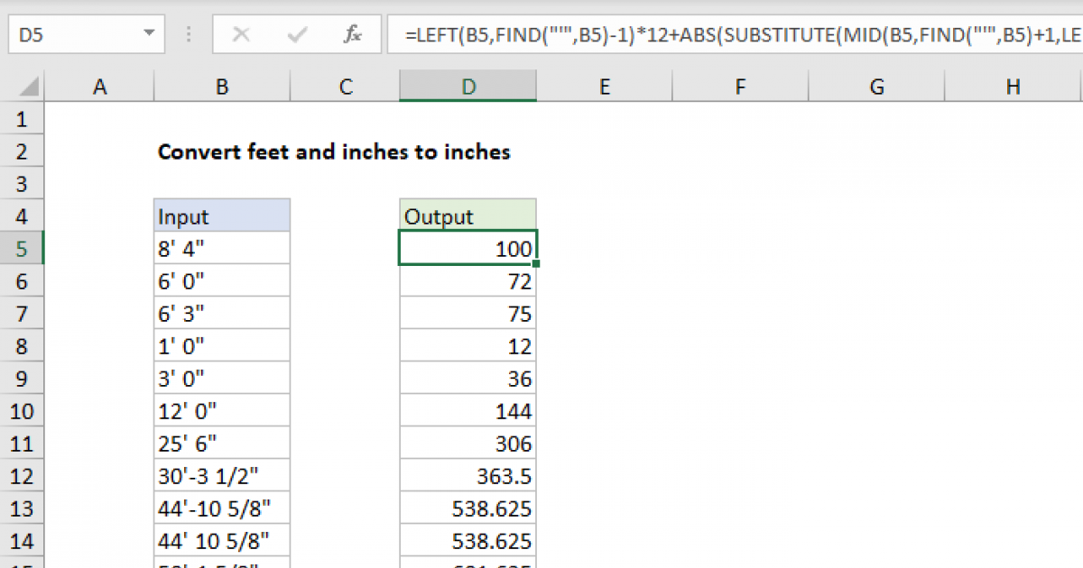 Convert feet and inches to inches - Excel formula