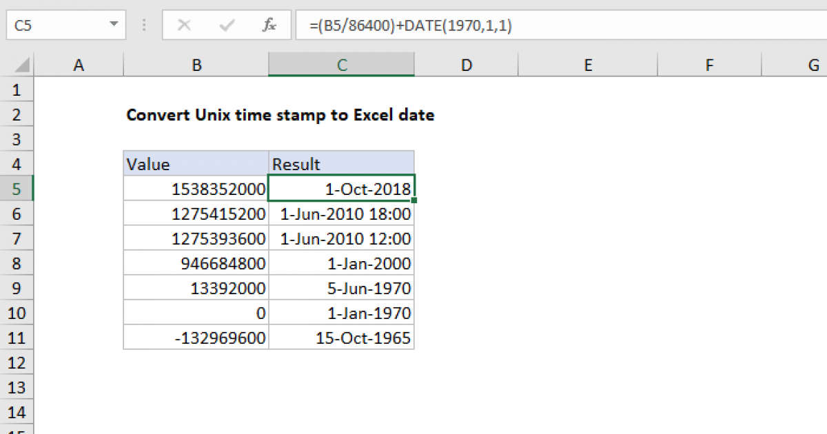 Convert Unix time stamp to Excel Excel formula | Exceljet