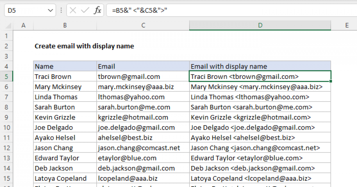 Create email with display name - Excel formula | Exceljet