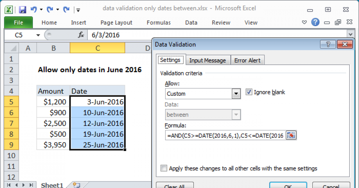 Data validation only dates between - Excel formula | Exceljet