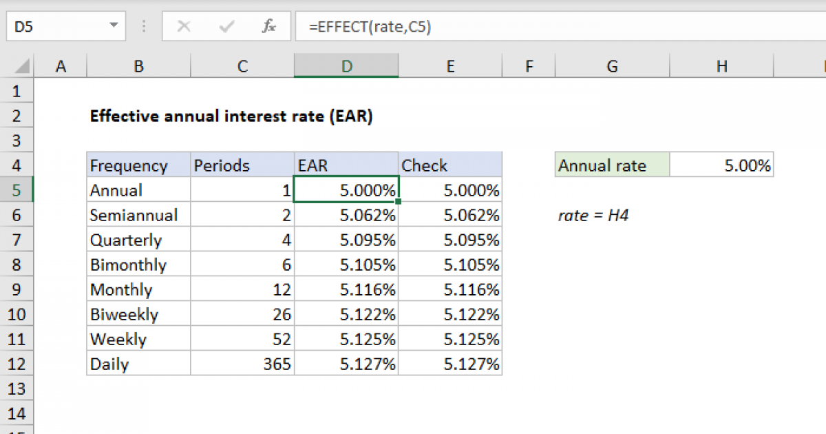 Effective annual interest rate - Excel formula