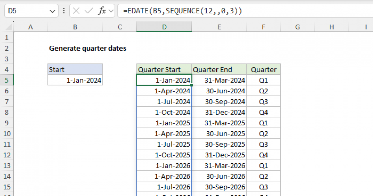 Generate quarter dates Excel formula Exceljet