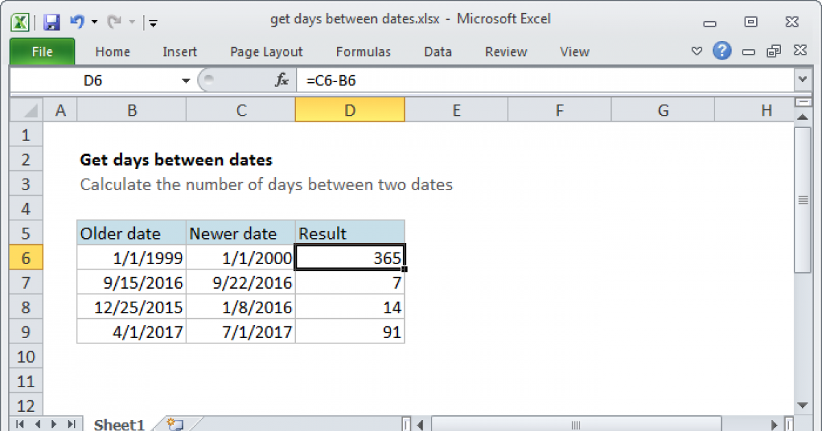 Aparentemente Brillante Indirecto Get days between dates - Excel formula | Exceljet