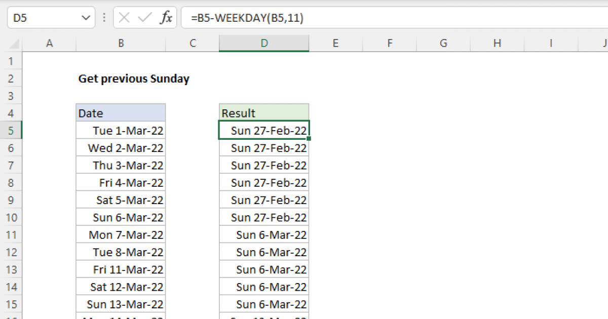 Get previous Sunday - Excel formula | Exceljet