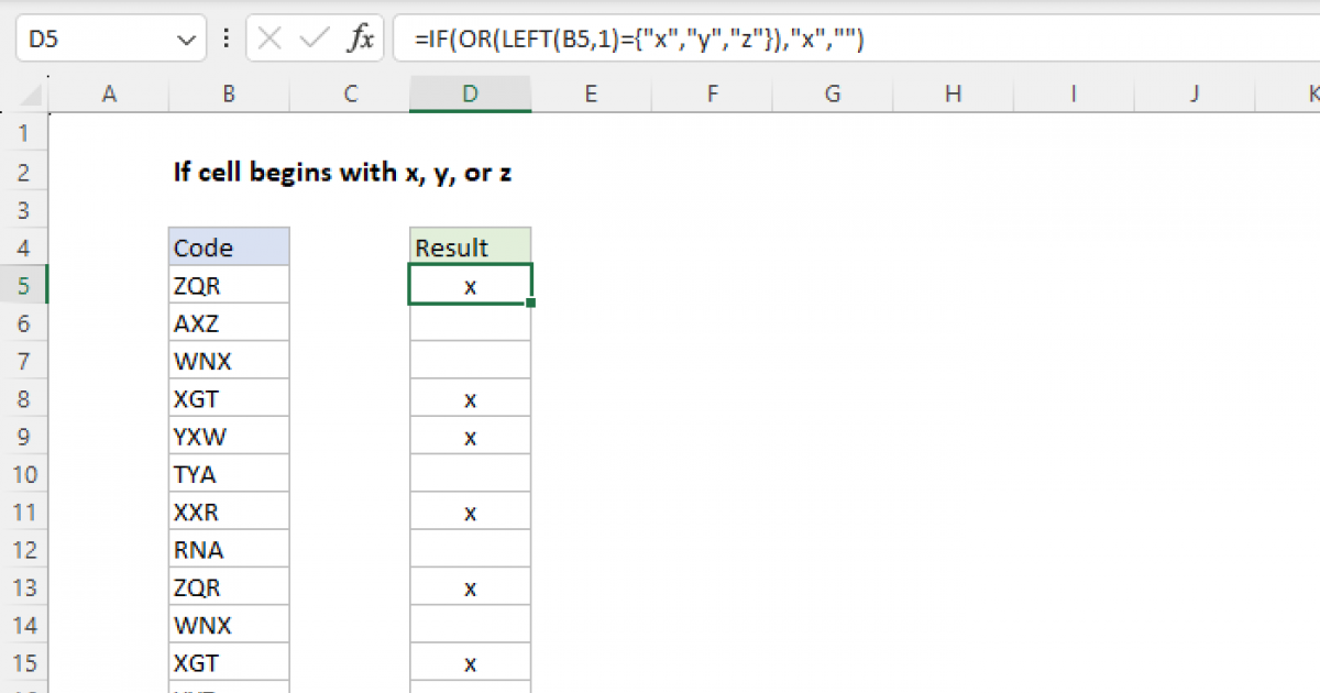 If cell begins with x, y, or z Excel formula Exceljet