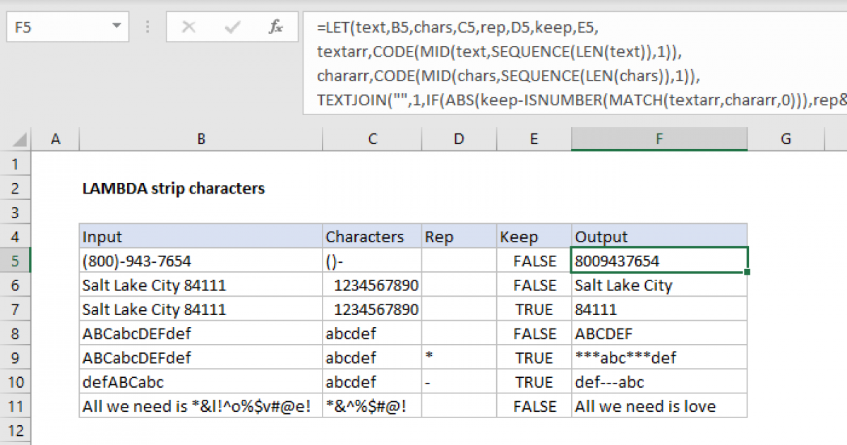 LAMBDA strip characters - Excel formula | Exceljet