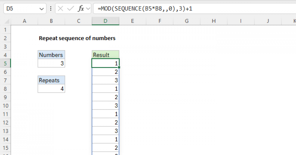 Repeat sequence of numbers - Excel formula | Exceljet