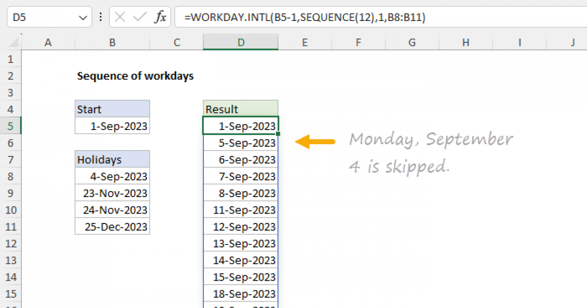 Sequence of workdays - Excel formula | Exceljet