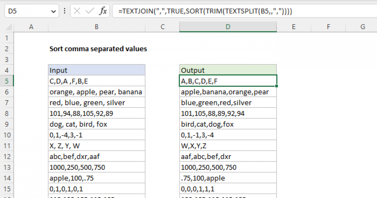 Sort Comma Separated Values Excel Formula Exceljet