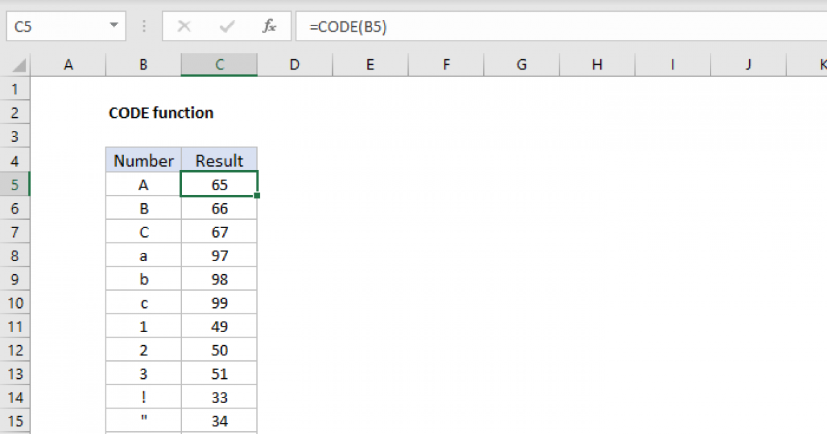 Excel CODE function | Exceljet