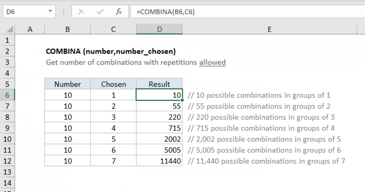 Excel COMBINA function | Exceljet