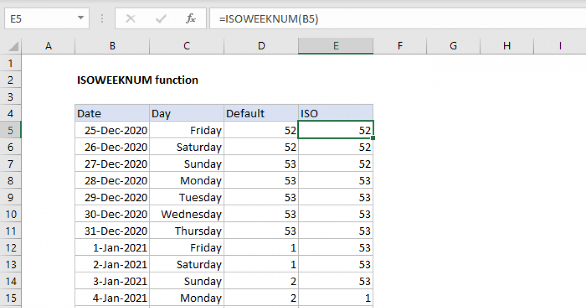 Excel ISOWEEKNUM function | Exceljet