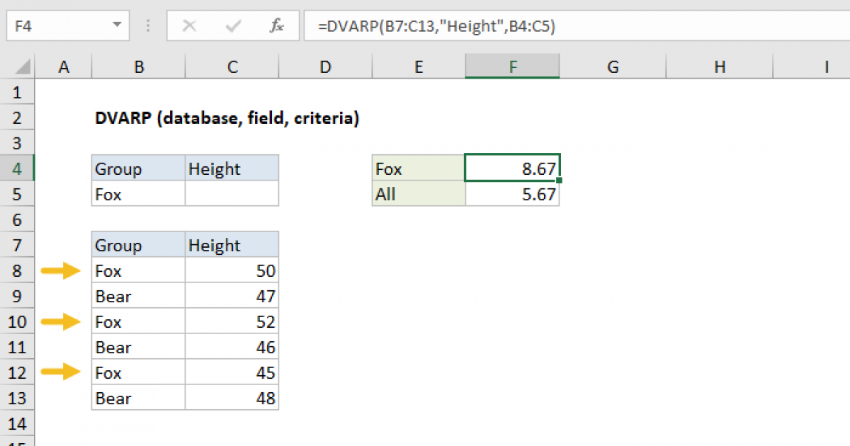 Excel DVARP Function Exceljet