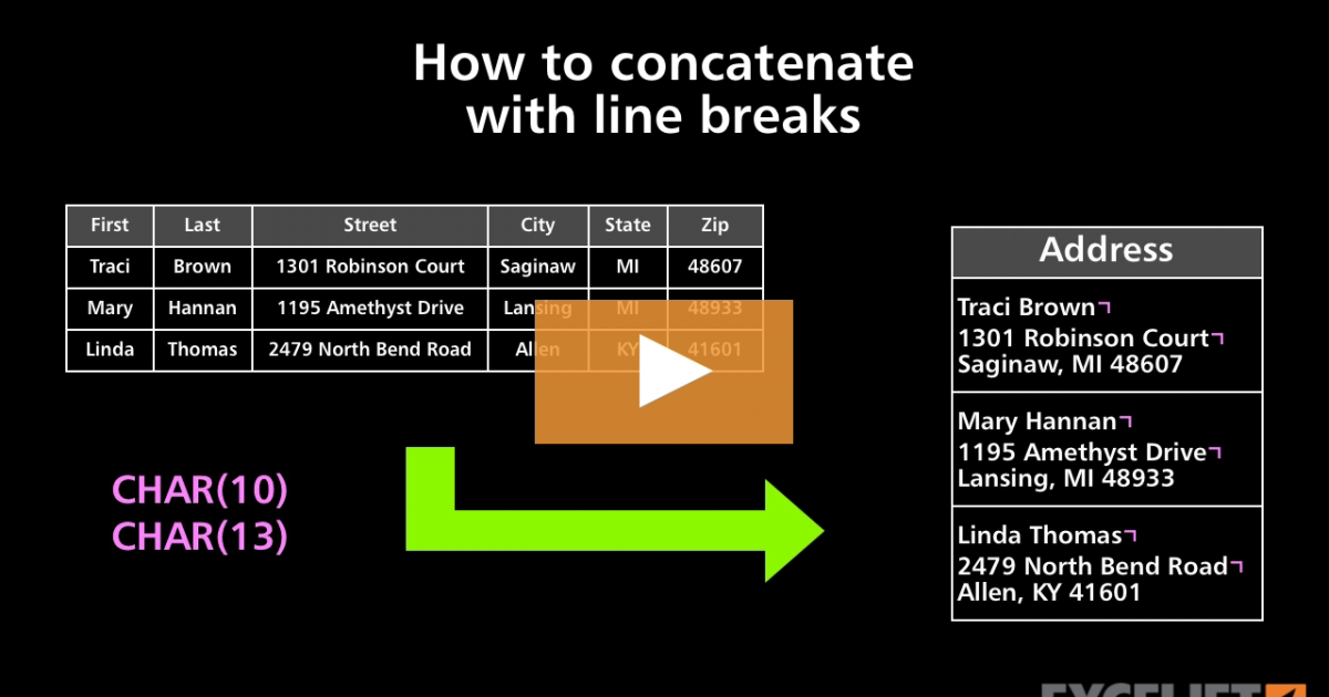 How to concatenate with line breaks (video)