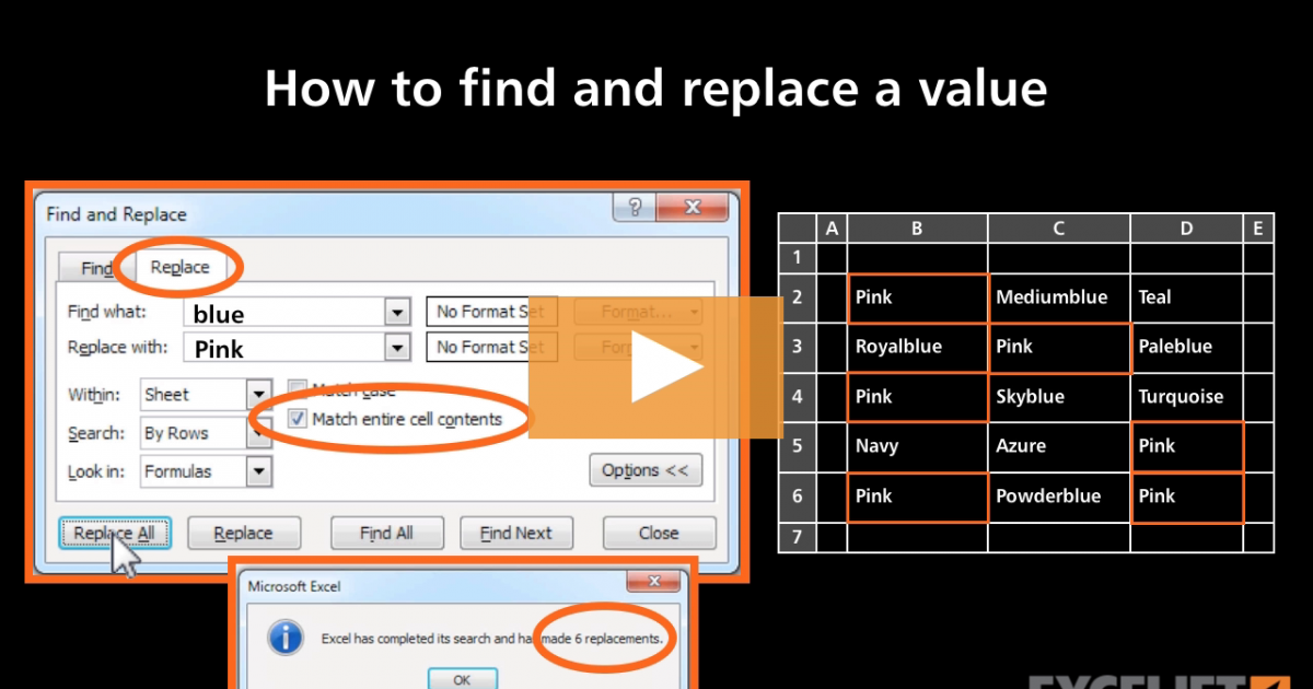 How to find and replace a value video exceljet